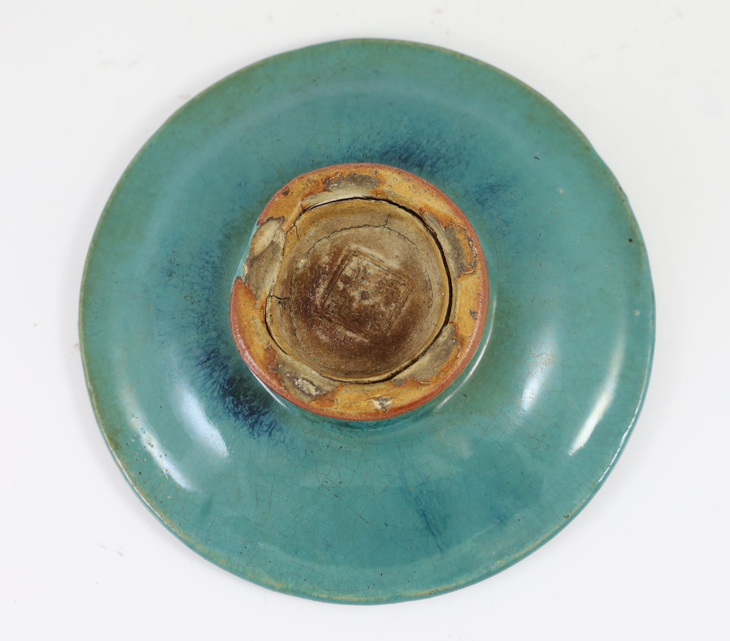 A Chinese Jun style green and blue glazed dish, Shiwan kilns, 18th/19th century, 17cm diameter